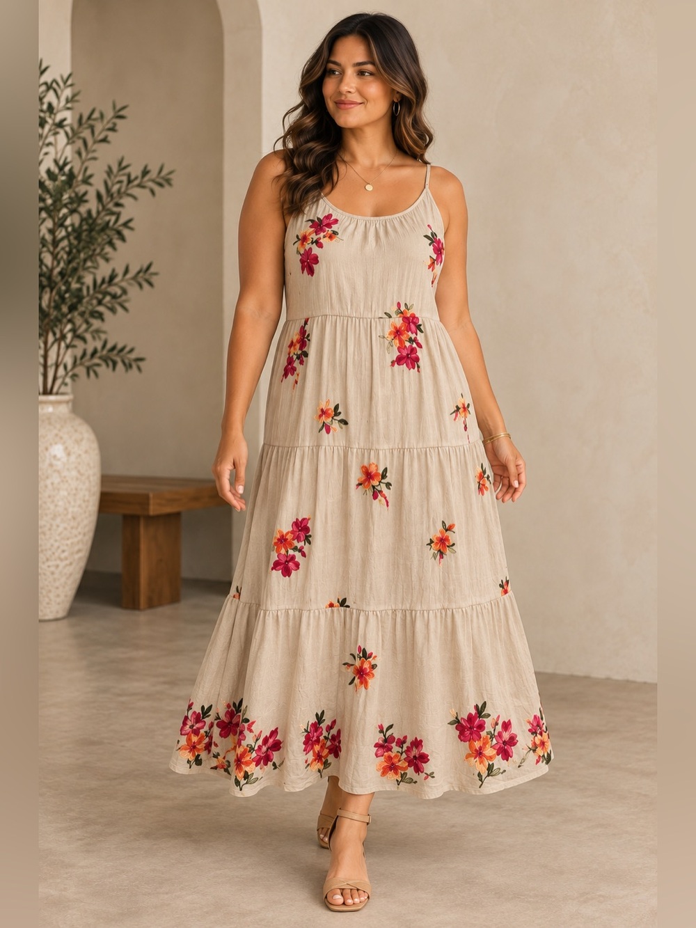 NWT Kindred Embroidered Floral Tiered Maxi Dress Size L